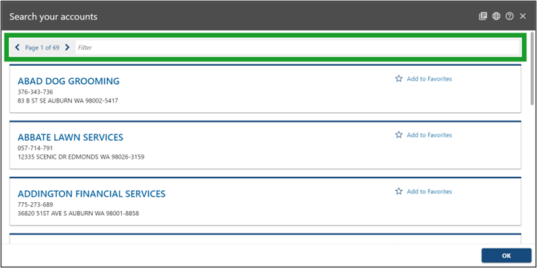 Image of filtered accounts in My DOR