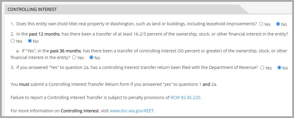 image of controlling interest question within controlling interest transfer return